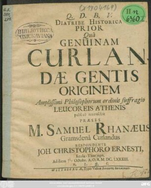 Diatribe Historica Prior Qua Genuinam Curlandae Gentis Originem