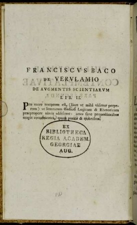 [Epigraph] Franciscus Baco De Verulamio De Augmentis Scientiarum Lib. II.