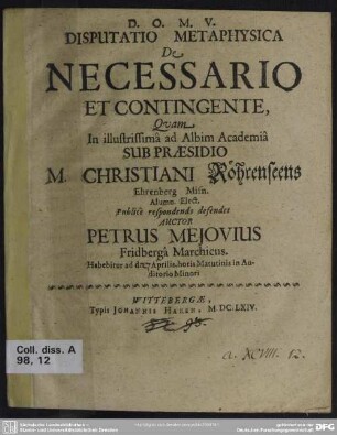 Disputatio metaphysica de necessario et contingente