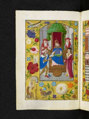 Vollbordürenseite mit Streumusterbordüre und Miniatur: Papst Leo III. überreicht Karl dem Großen einen Brief