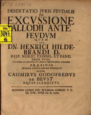 Dissertatio Jvris Fevdalis De Excvssione Allodii Ante Fevdvm
