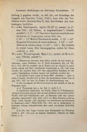 Mittheilungen aus Würzburger Handschriften. 2, Cassiodor's Institutiones saecularium litterarum (oder humanarum rerum) in der Würzburger und Bamberger Handschrift