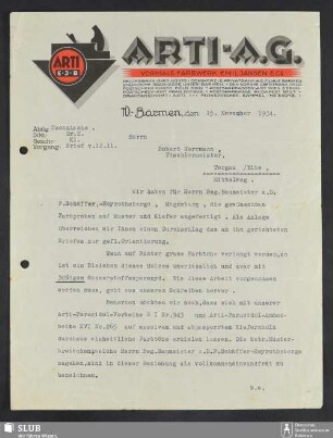 Arti-A.G., vormals Farbwerk Emil Jansen & Co., W.-Barmen : Mitteilung