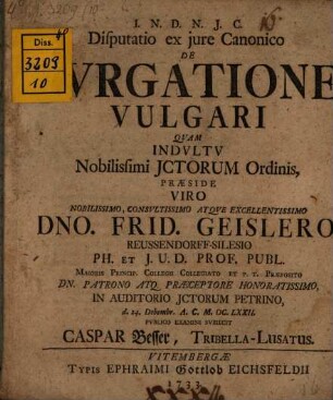 Disputatio ex jure Canonico de purgatione vulgari