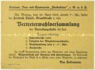 Ankündigung des Konsum-, Bau- und Sparvereins "Produktion" zu einer Wahlversammlung am 29. April 1929