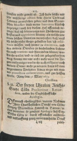 §. 32. Der freyen Uhralten Reichs-Stadt Cölln Praeliminar-Retorsion, wider die Ertzbischoffliche Apologia