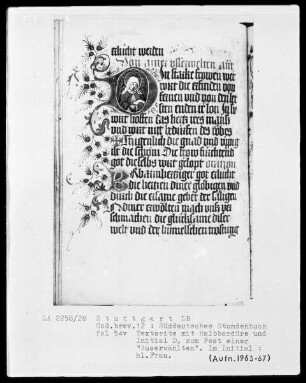 Deutsches Gebetbuch (Waldburg-Gebetbuch) — Initiale D (in starke frowen), darin eine heilige Frau, Folio 54verso