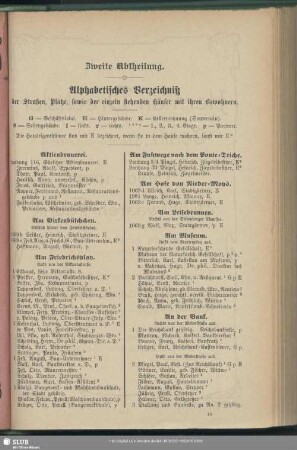 Zweite Abtheilung. Häuserbuch : Zweite Abtheilung. Alphabetisches Verzeichniß der Straßen und Plätze, sowie der einzeln stehenden Häuser mit ihren Bewohnern