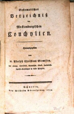 Systematisches Verzeichniß der Mecklenburgischen Conchylien
