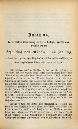 Hirtenbrief, erlassen von dem Hochwürdigsten Herrn Antonius, Erzbischof von München und Freising, beim Beginne der heil. Fastenzeit 1880