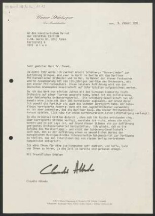 Brief an Otto Tomek an Universal-Edition, 09.01.1991