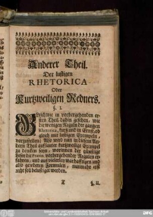 Anderer Theil. Der lustigen Rhetorica Oder Kurtzweiligen Redners.