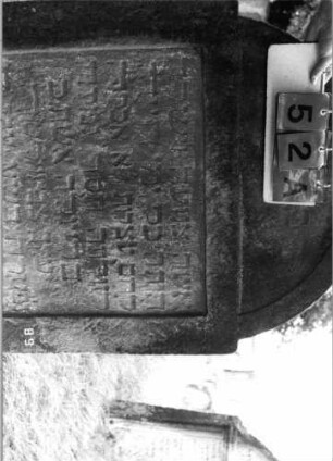 Grabstein 52 (Index: 100108143) Material: gelber Sandstein Zustand: verwittert, bewachsen und versalzen Maße HxBxT: 136x84x18 cm Beschreibung: Stele mit eingezogenem Rundbogenabschluß, Schriftfeld rechteckig eingetieft: Grabstein 52A