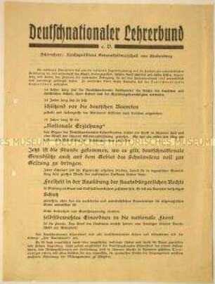 Programmatischer Aufruf des Deutschnationalen Lehrerbundes zur Mitgliederwerbung