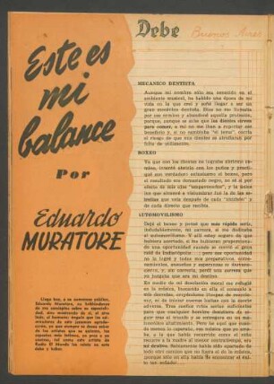 Este es mi balance : Debe [y] haber, Buenos Aires noviembre de 1945