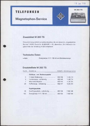 Bedienungsanleitung: Telefunken Magnetophon-Service M 203 TS; Zusatzblatt M 203 TS