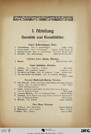 I. Abteilung: Gemälde und Kunstblätter (Nr. 1-295)