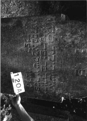 Grabstein 120 (Index: 100085503) Maße HxBxT: 147x83x15 cm Beschreibung: Stele, eingezog. Segmentbogenabschl.: Grabstein 120A