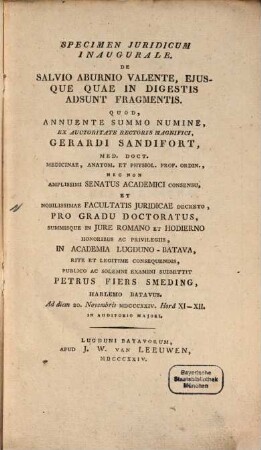 Specimen iuridicum inaugurale de Salvio Aburnio Valente, eiusque quae in digestis adsunt fragmentis
