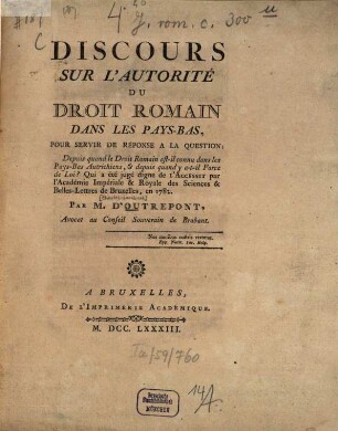 Discours sur l'autorité du droit romain dans les Pays-Bas