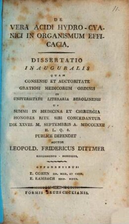 De vera acidi hydro-cyanici in organismum efficacia : Diss. inaug.