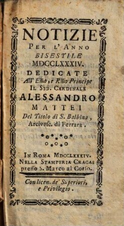 Notizie : per l'anno .... 1784