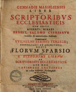 Gennadii Massiliensis Liber De Scriptoribvs Ecclesiasticis