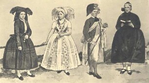 Niedersorbische und Hoyerswerdaer Tracht : Kleidung - sorbische Tracht. 1. Spreewälderin in Sonntagstracht, 2. Spreewälderin in Festtracht, 3. Hochzeitsbitter aus dem Spreewald, 4. Ostersängerinnen aus Hoyerswerda.