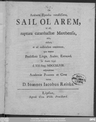 De Arabum Epocha vetustissima, Sail Ol Arem, id est, ruptura catarrhactae Marebensis dicta