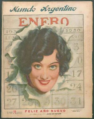 Feliz Año Nuevo - Las estrellas del cine: Joan Crawford [Retrato] : Retrato ejecutado especialmente para Mundo Argentino por Rodolfo Wacha