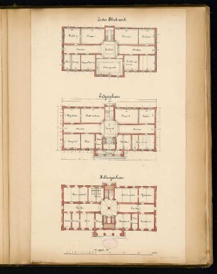 Rathaus, Calau Monatskonkurrenz März 1879: Variante I: Grundriss Keller, Erdgeschoss, Obergeschoss 1:150; Maßstabsleiste