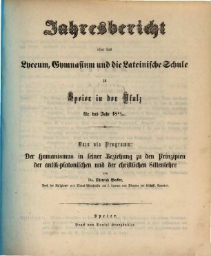 Jahresbericht über das Königl. Bayer. Lyceum, Gymnasium und die Lateinische Schule zu Speier in der Pfalz : für das Studienjahr ..., 1861/62