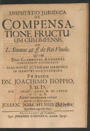 Disputatio Iuridica De Compensatione Fructuum Cum Impensis : Ad L. Sumtus 48. ff. de Rei Vindic.