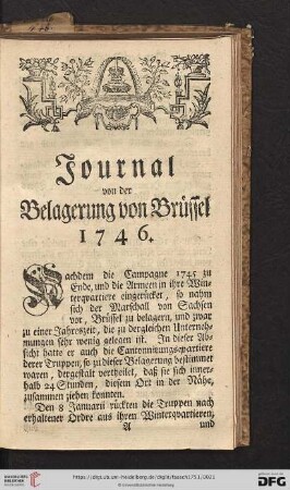 Journal von der Belagerung von Bruessel, 1746