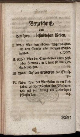 Verzeichniß, von den hierinn befindlichen Reden