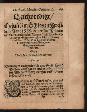Leichpredigt/ ... Uber dem tödtlichen Abgang/ deß ... Herrn Christiani, Königs in Dennemarck und Nordwegen ...