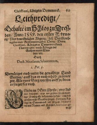 Leichpredigt/ ... Uber dem tödtlichen Abgang/ deß ... Herrn Christiani, Königs in Dennemarck und Nordwegen ...