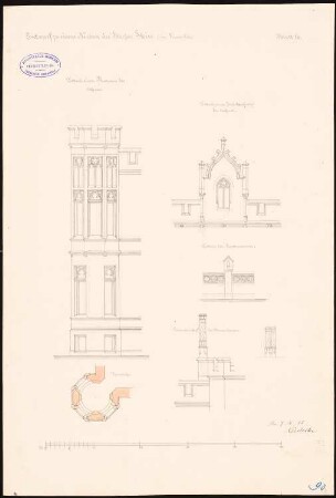Schloss Stein, Hundsfeld: Aufriss und Grundriss des Turmes der Ostfassade, Aufriss des Giebelaufsatzes, Teilaufriss der Gartenmauer, 2 Aufrisse der Schornsteine des Blumenhauses, Maßstabsleiste