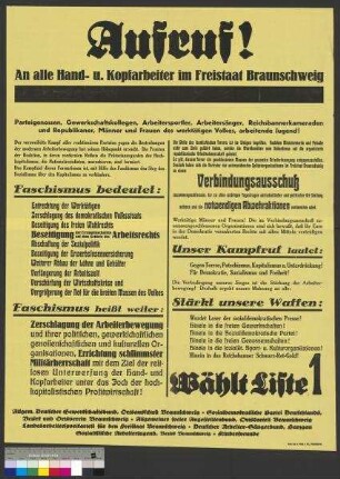 Wahlplakat für die Arbeiterschaft im Freistaat Braunschweig mit dem Aufruf zur Wahl der SPD bei der Kommunalwahl am 1. März 1931 und Wahlpropaganda gegen die NSDAP