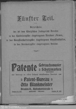 Fünfter Teil. Handelsregister, Genossenschaftsregister, Vereinsregister : Verzeichnis der bei dem königlichen Amtsgericht Dresden in das handelsregister eingetragenen Dresdner Firmen, in das Genossenschafteregister eingetragenen Genossenschaften, in das Vereinsregister eingetragenen Vereine