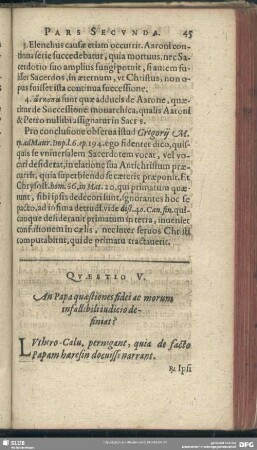 Quaestio V. An Papa quaestiones fidei ac morum infallibili iudicio definiat?