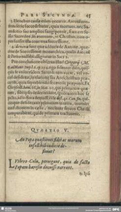 Quaestio V. An Papa quaestiones fidei ac morum infallibili iudicio definiat?