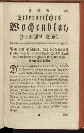 Literarisches Wochenblat, Zwanzigstes Stück.