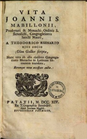 Vita Joannis Mabillonii Presbyteri & Monachi Ordinis S. Benedicti, Congregationis Sancti Mauri
