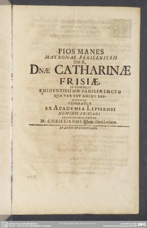 Pios manes matronae ... Christian Weise