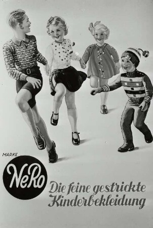 Werbeplakat für gestrickte Kinderbekleidung der Strickwarenfabrik Carl Julius Nestler in Roßwein