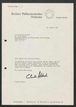 Brief an Dr. Helga Dostal an Bundesministerium für Wissenschaft und Forschung, 14.02.1991