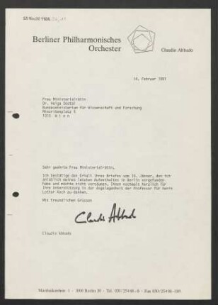 Brief an Dr. Helga Dostal an Bundesministerium für Wissenschaft und Forschung, 14.02.1991