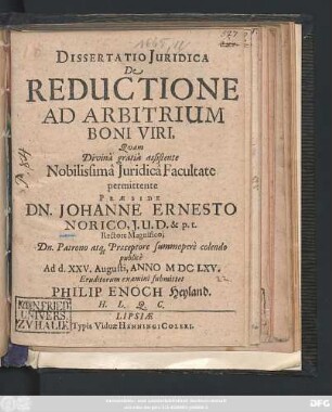 Dissertatio Iuridica De Reductione Ad Arbitrium Boni Viri