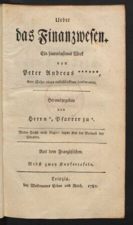 Über das Finanzwesen : ein hinterlassenes Werk